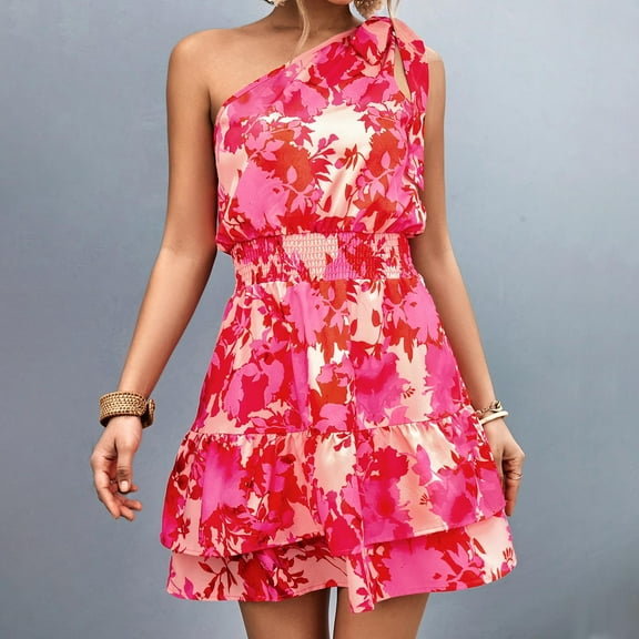 Wycnly Formal Dresses for Women Fashion Elastic Waist Ruffle Layer Hem One Shoulder Mini Dresses Sleeveless Slash Neck Floral Print 2024 Summer Short Dress Hot Pink XL