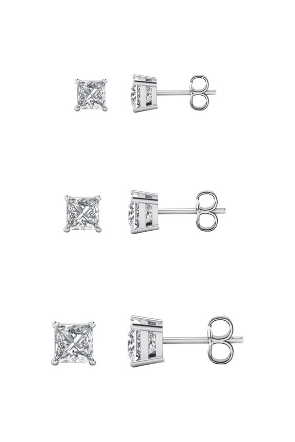 3 Pair 14K Gold Plated Cubic Zirconia Princess Cut Stud Earrings Comes In 4mm, 6mm & 8mm For Women & Men
