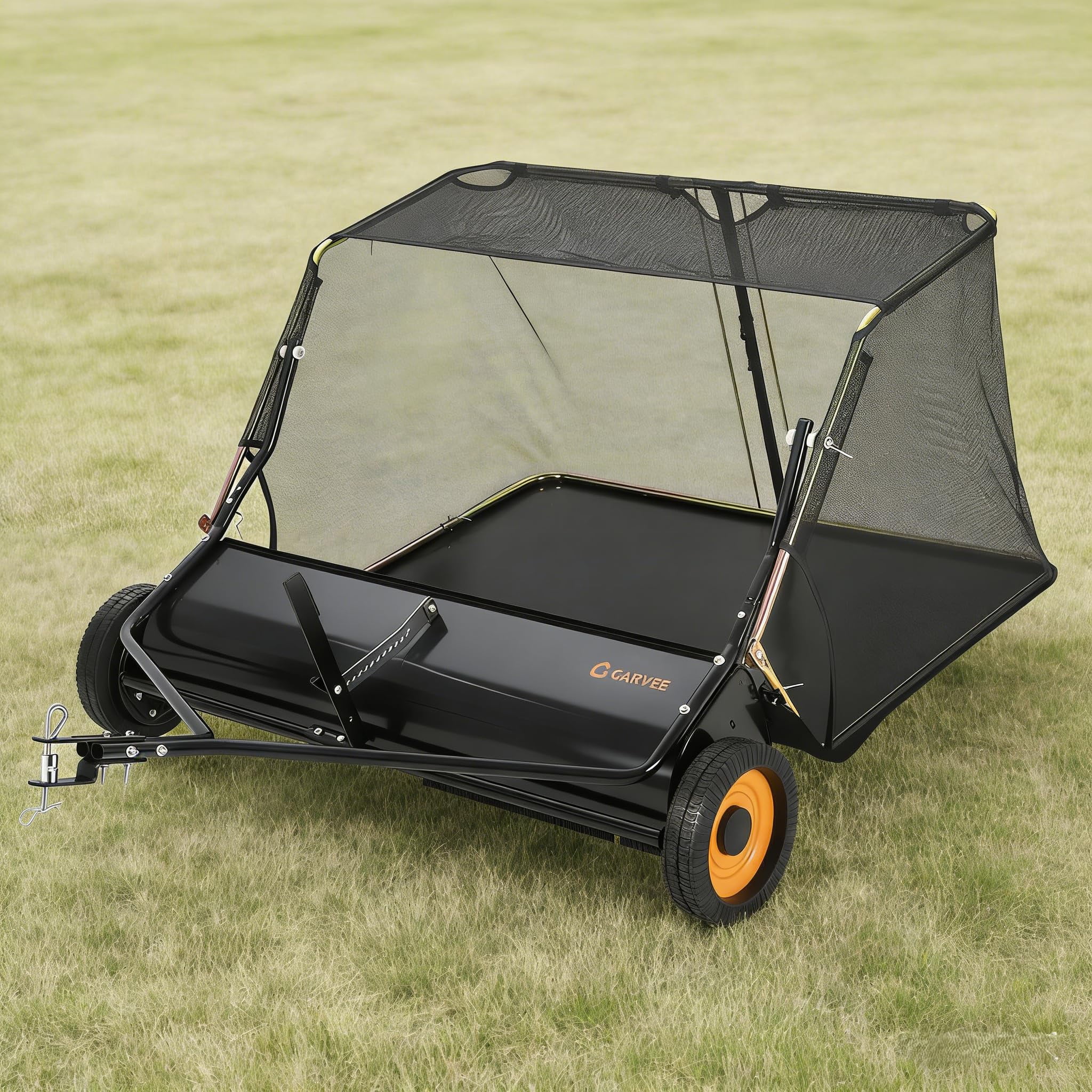 44 Inch Lawn Sweeper Tow Behind, 26 cu. ft Large Hopper Grass Sweeper Tow Behind, Heavy Duty Leaf & Grass Collector, Adjustable Brush Height Lever and Dumping Rope, Pull Behind Sweeper for Yard