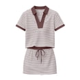 thumbnail image 2 of Skorted Skirt Sets Women 2 Piece Outfits Striped Short Sleeve Lapel V Neck Top & Mini Skirts Summer Clothes, Brown 2XL, 2 of 8