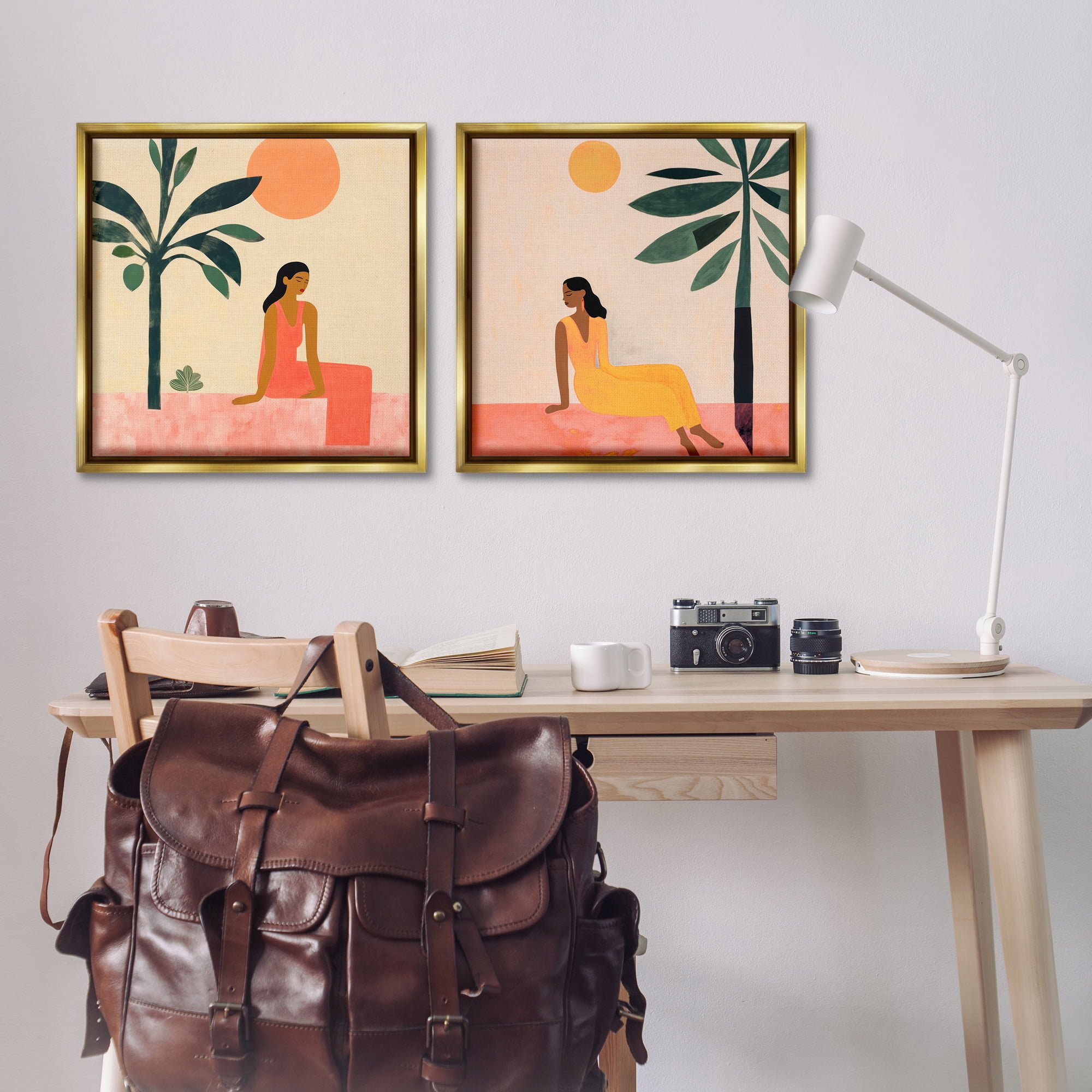 Stupell Industries Female Figure Resting Outdoors People Painting Gold Floater Framed Canvas Art Print Wall Art, 25 x 25, Set of 2