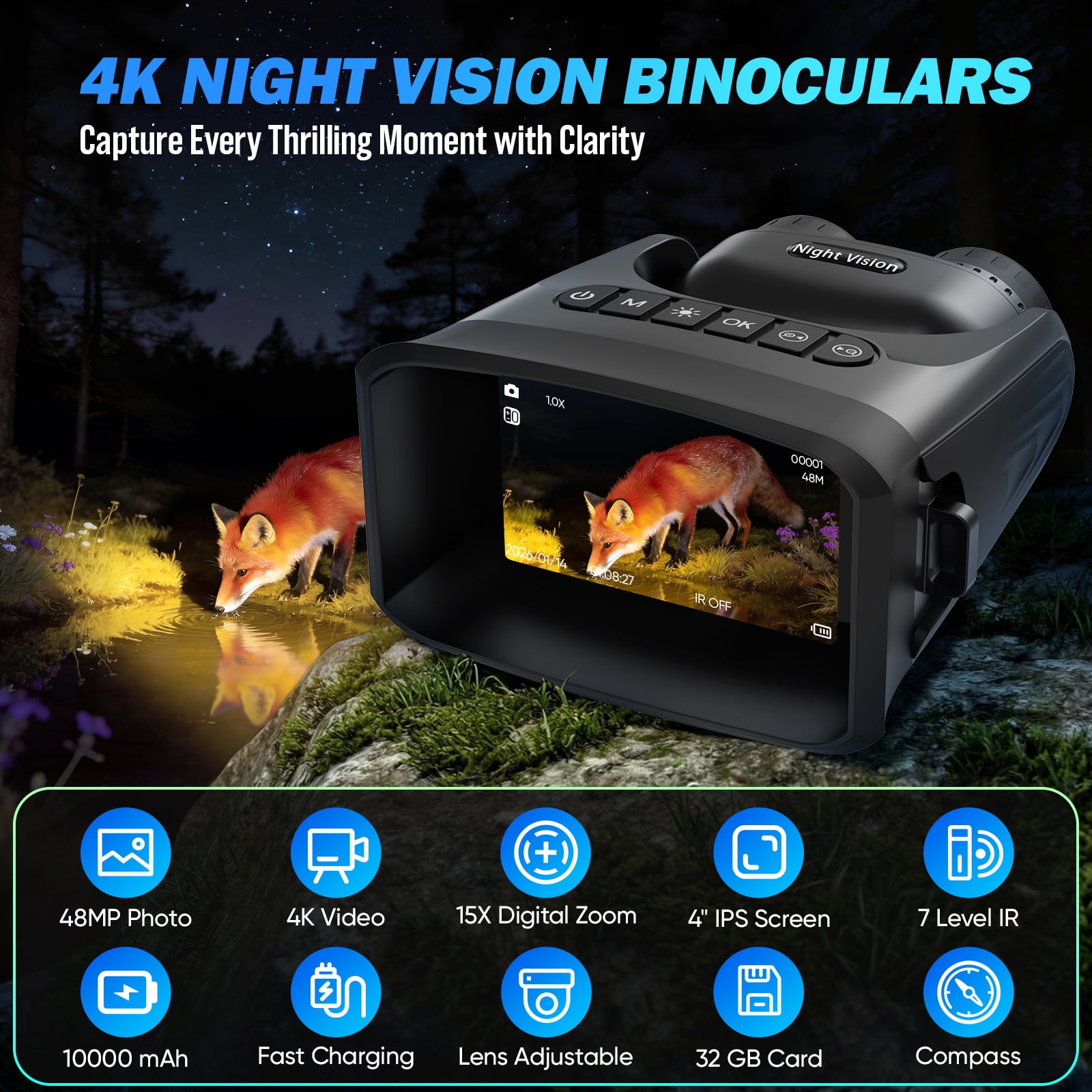Night Vision Binoculars-15X Infrared Night Vision Googles 10000mAh Large Battery, 4'' Screen-Adults Binoculars for Day and Night Hunting Camping,Wildlife& Surveillance