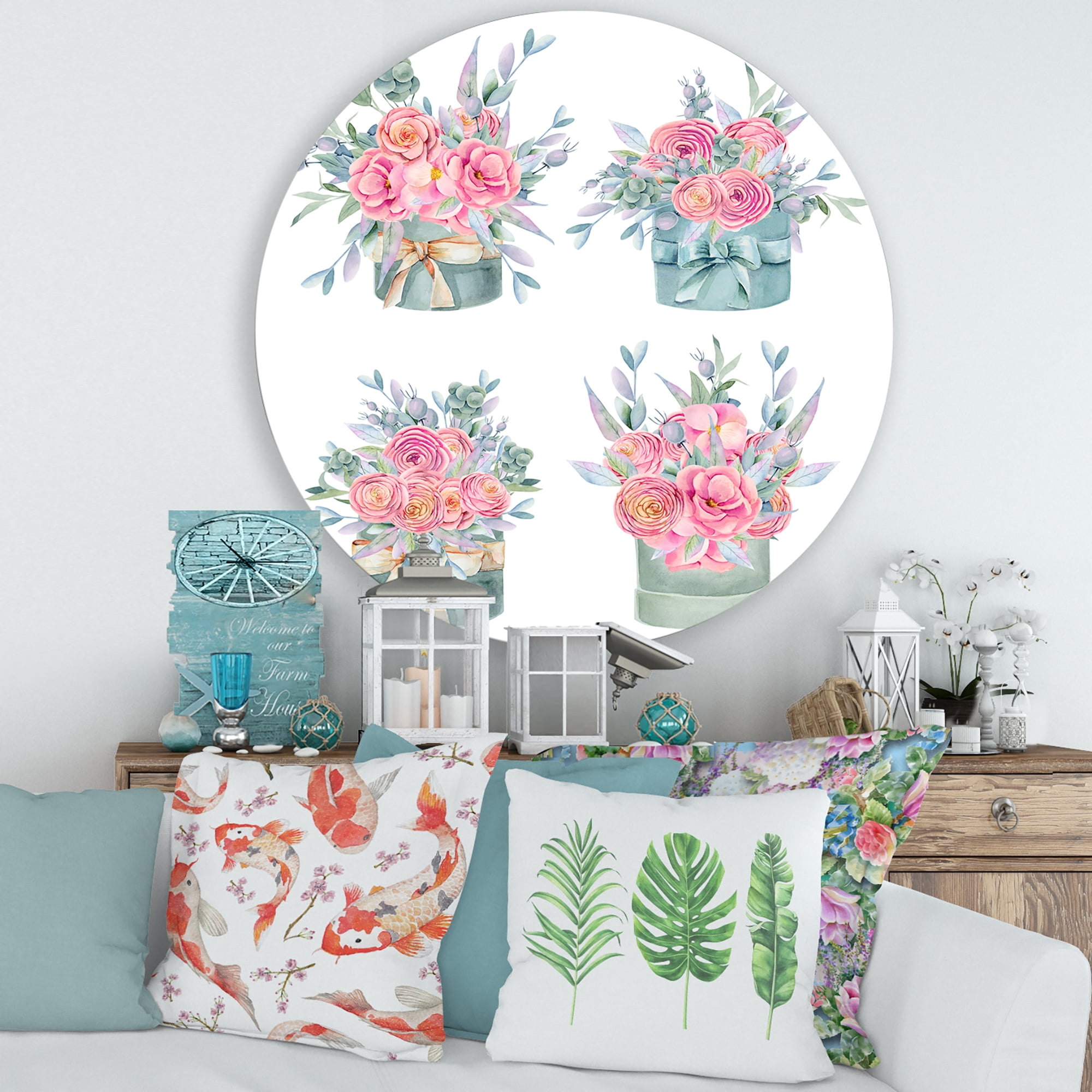 Designart 'Bouquets Collection of Pink Roses' Farmhouse Circle Metal Wall Art 36x36 - Disc of 36
