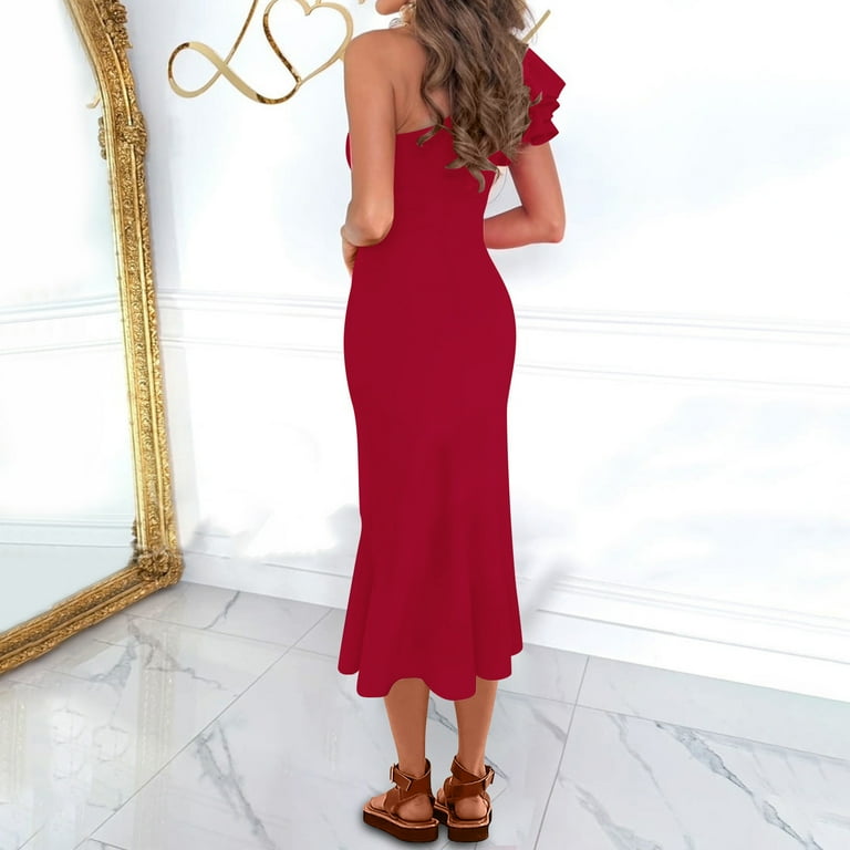 NATHGAM Women Bodycon Dress Off Shoulder Club Evening Party Cocktail Maxi Dresses Ruched Side Slit Wrap Trendy Outfits, Women's, Size: Medium, Red