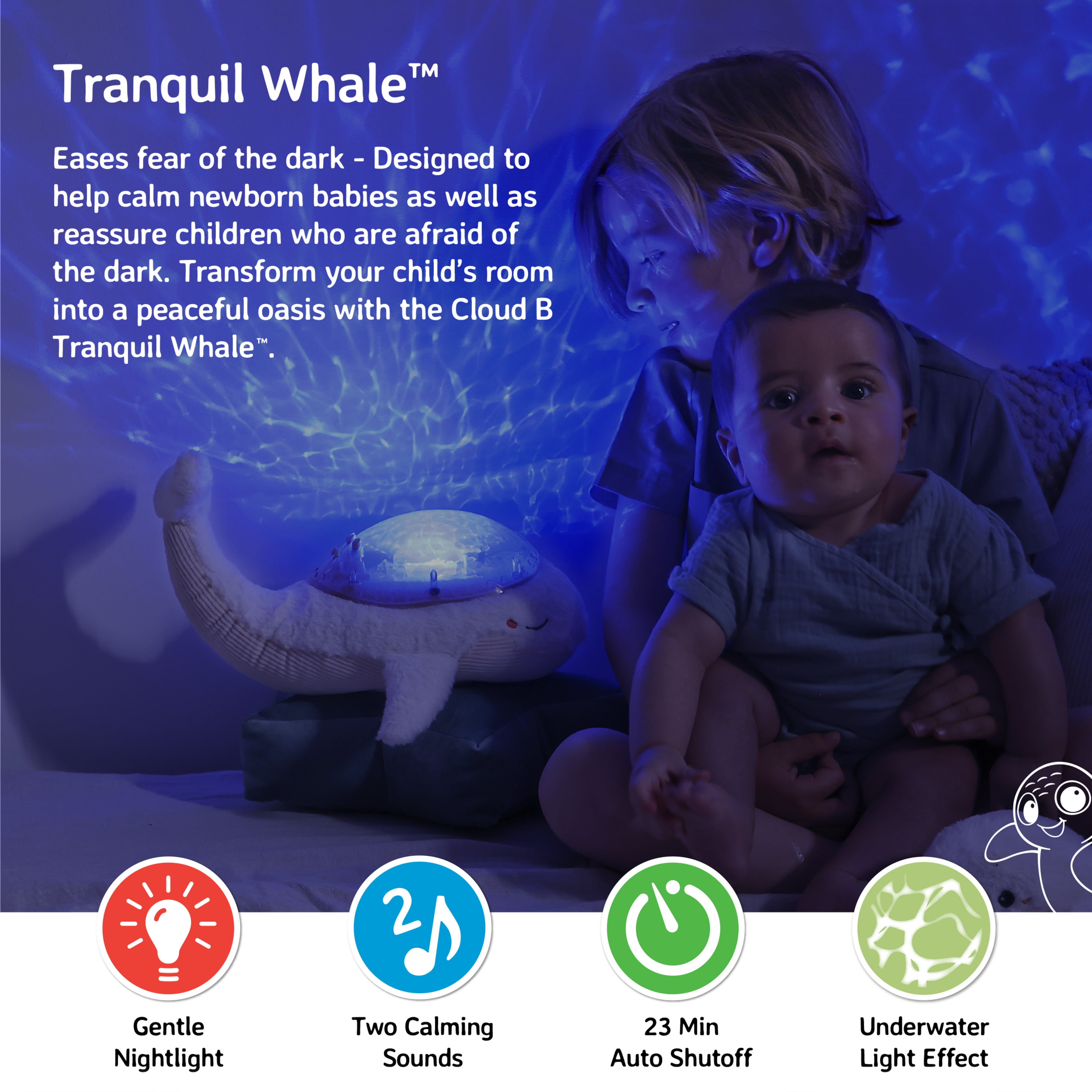 Cloud b Dimmable Ocean Whale LED Night Lights, Soft Aquamarine Glow; Deep Blue Glow