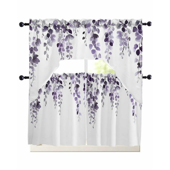 Purple Eucalyptus Leaves Kitchen Curtains Sets 36 Inch Length with Valance, Watercolor Summer Botanical Swag Valances and Tiers Curtain Set Drapes Swag Curtains for Living Room, Bathroom, Bedroom