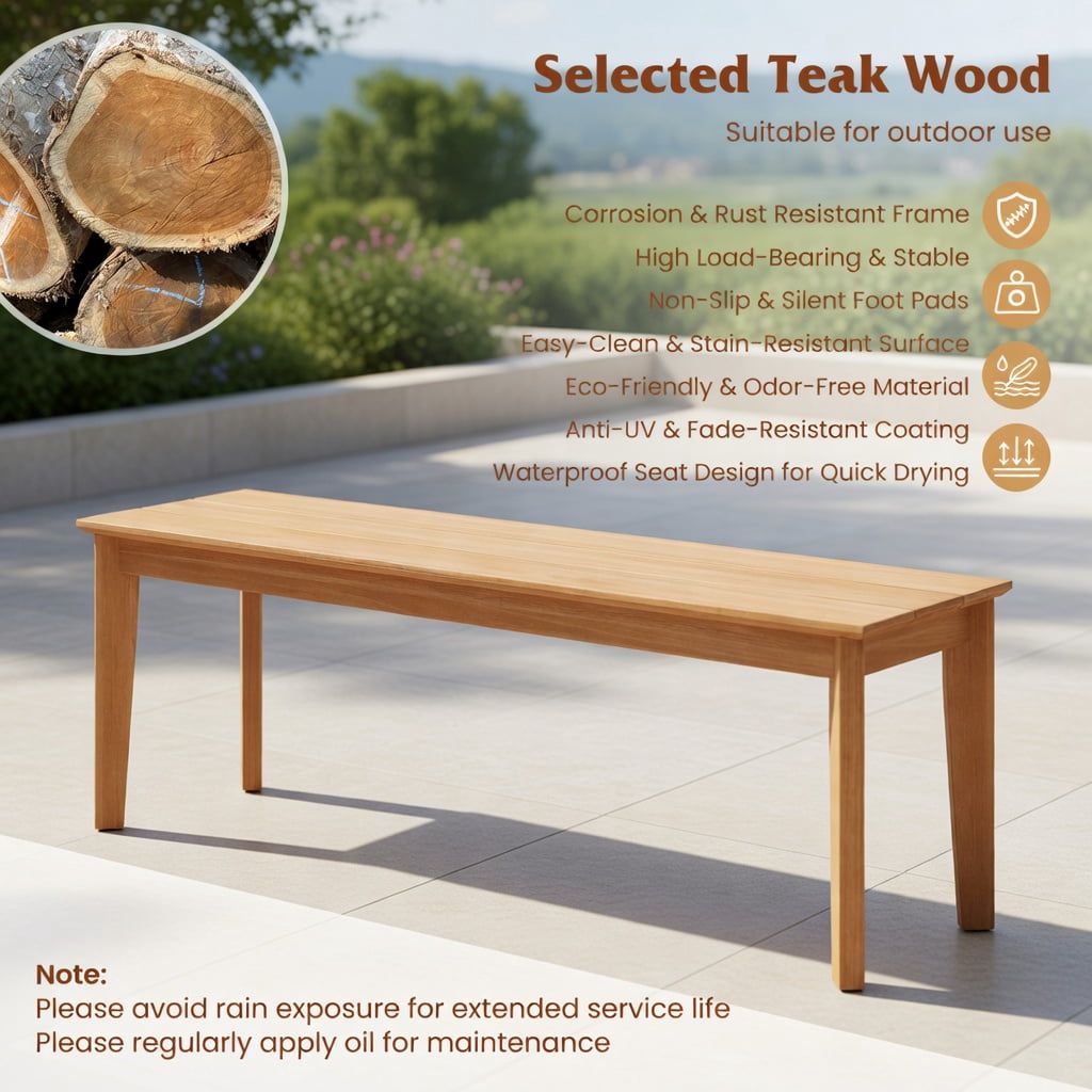 Hommoo 55" Outdoor Teak Wood Bench, Weather-Resistant, Patio & Garden Seating for 3, Natural