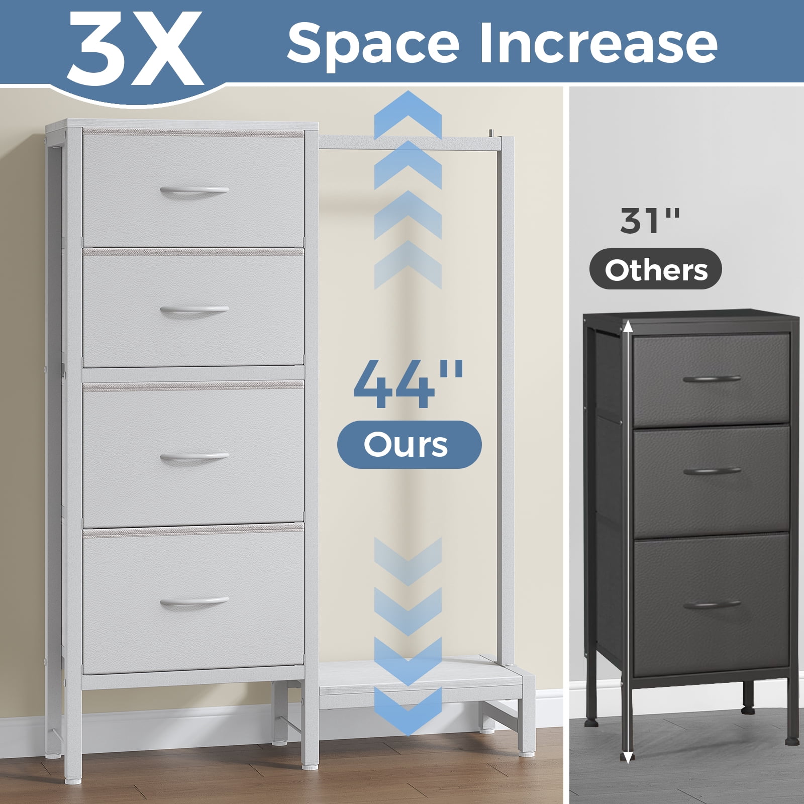 CONCETTA 4 Drawers Dresser with Hanging Rack, 44-inch Tall Reversible Fabric Chest, Bedroom Storage Tower, White