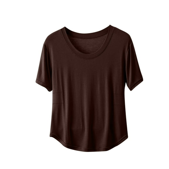 JSheng Short Sleeved Top for Women Breathable Fashionable Casual Loose Solid Color Round Neck T-shirt Top Khaki L