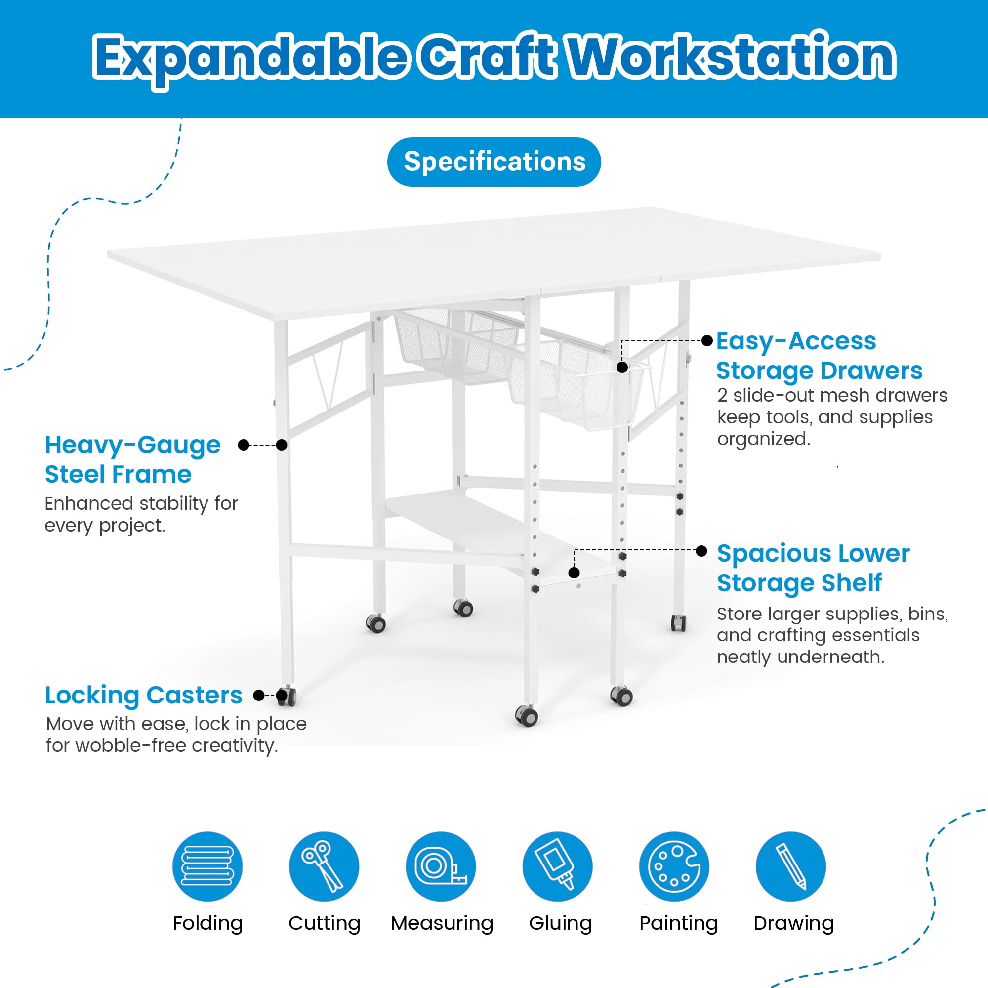 Sew Ready Folding Sewing Craft Table with Storage Drawers and Wheels, White/White