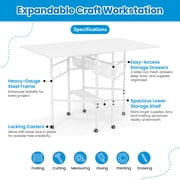 Sew Ready Folding Sewing Craft Table with Storage Drawers and Wheels, White/White