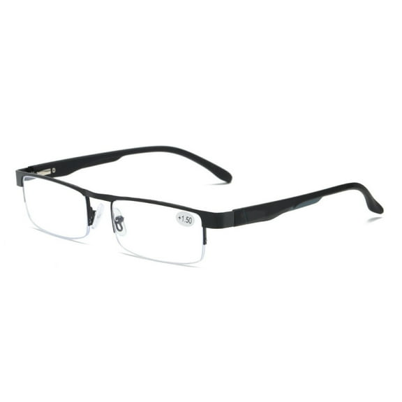 Mens Half Rimless Blue Light Blocking Rectangle Reading Glasses  2.0, Metal Black Spring Hinges Classic Readers 2.0