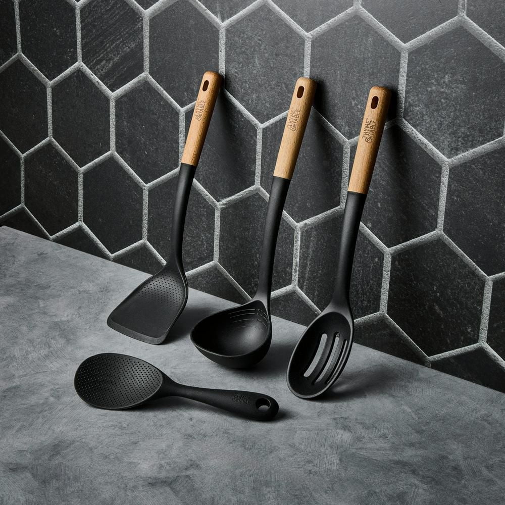 Thyme & Table Louche en silicone avec manche en hêtre Noir Louche