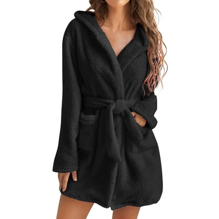 

GESJQFZ Women Plush Hooded Shawl Collar Tie Waist Long Sleeve Bathrobe with Pockets