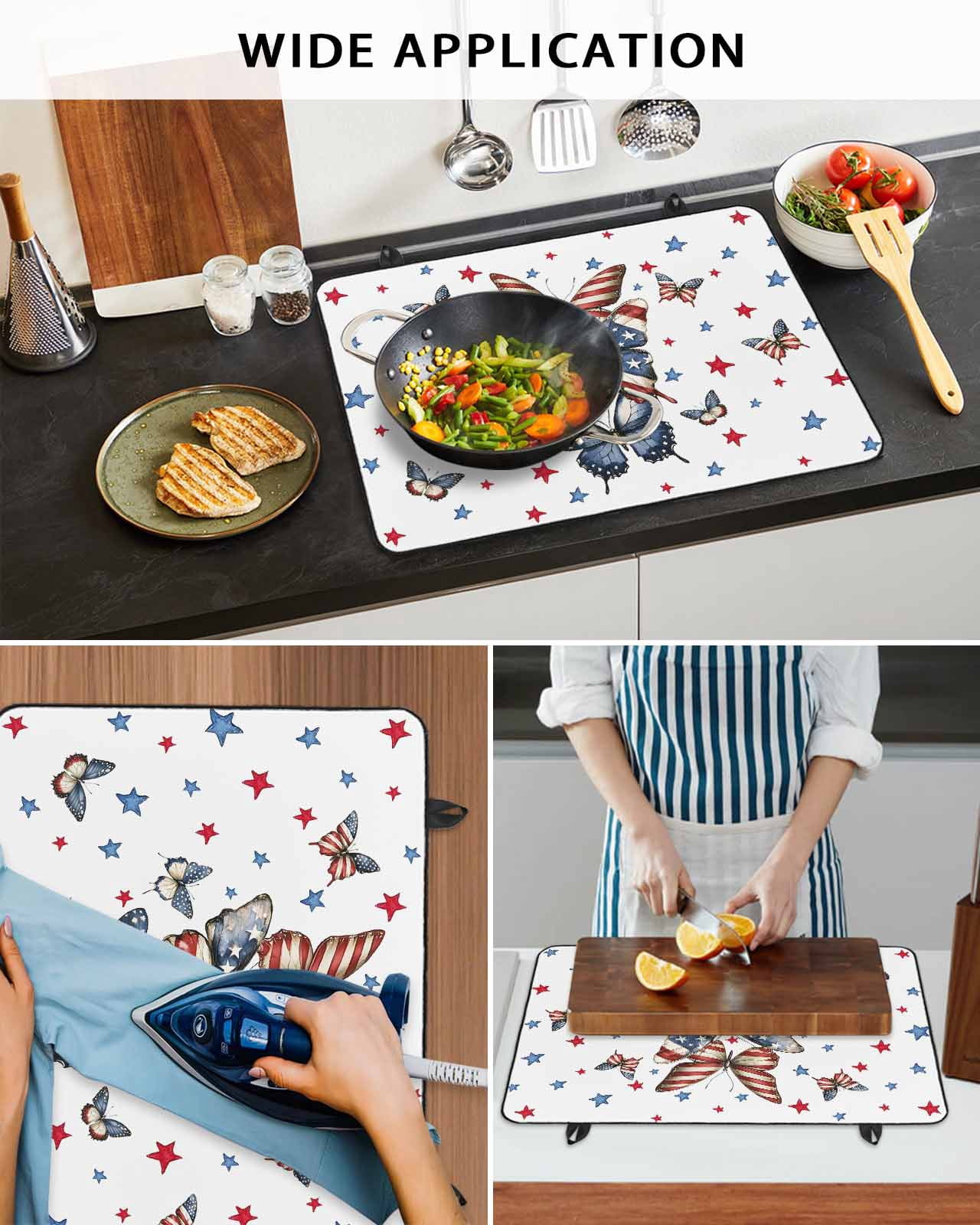 nqOlkjepod Large Induction Cooktop Protector Mat 36"x21", Butterfly 4th of July Stove Top Covers for Electric Stove, Independence Day Blue Red Star Stove Burner Cover Mats, Glass Top Stove Cover