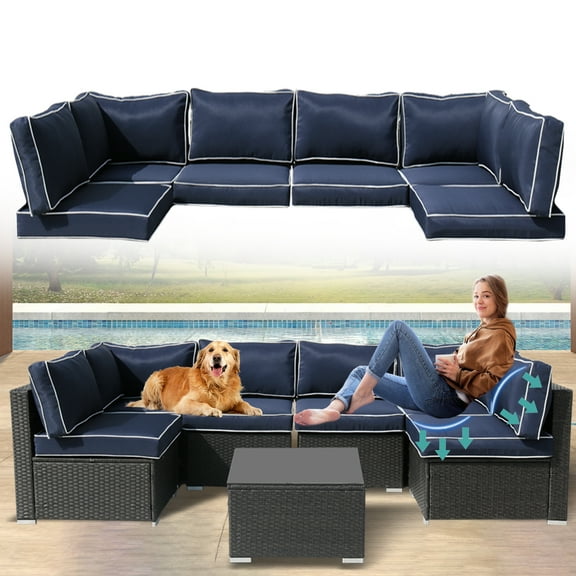 FKSLIFE Patio Furniture 14-Piece PP Cotton Outdoor Sectional with Cushions, Blue& White