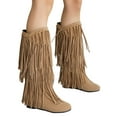 thumbnail image 3 of IUJSOY Cowboy Boots for Women Fringe Cowgirl Boots Suede Round Toe Mid Calf Boots Casual Low Heels, 3 of 8