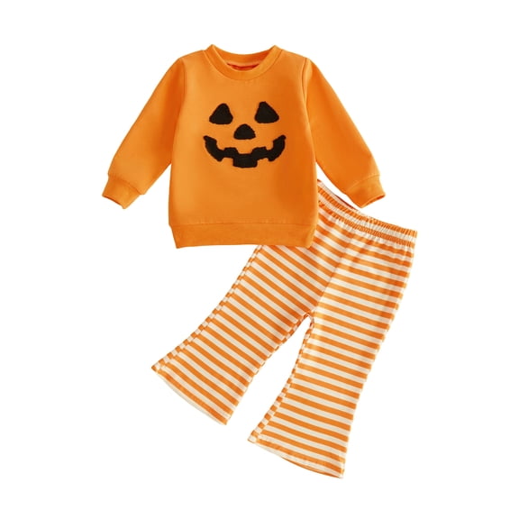 Loicainy Toddler Baby Girls Halloween Outfits 6 12 18 24 Months 2T 3T 4T Pumpkin Embroidery Crew Neck Sweatshirts and Flare Pants 2 Pieces Clothes Set
