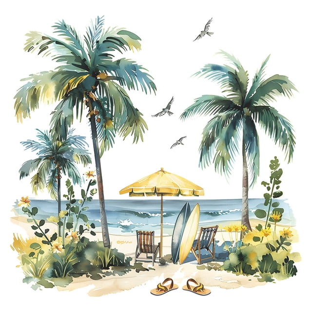 SDNall Wall Decorations for Living Room, Home Decorations for Living Room, Summer Beach Tree Study Living Room Porch Home Beautification Wall Stickers Set, Wall Stickers for Living Room