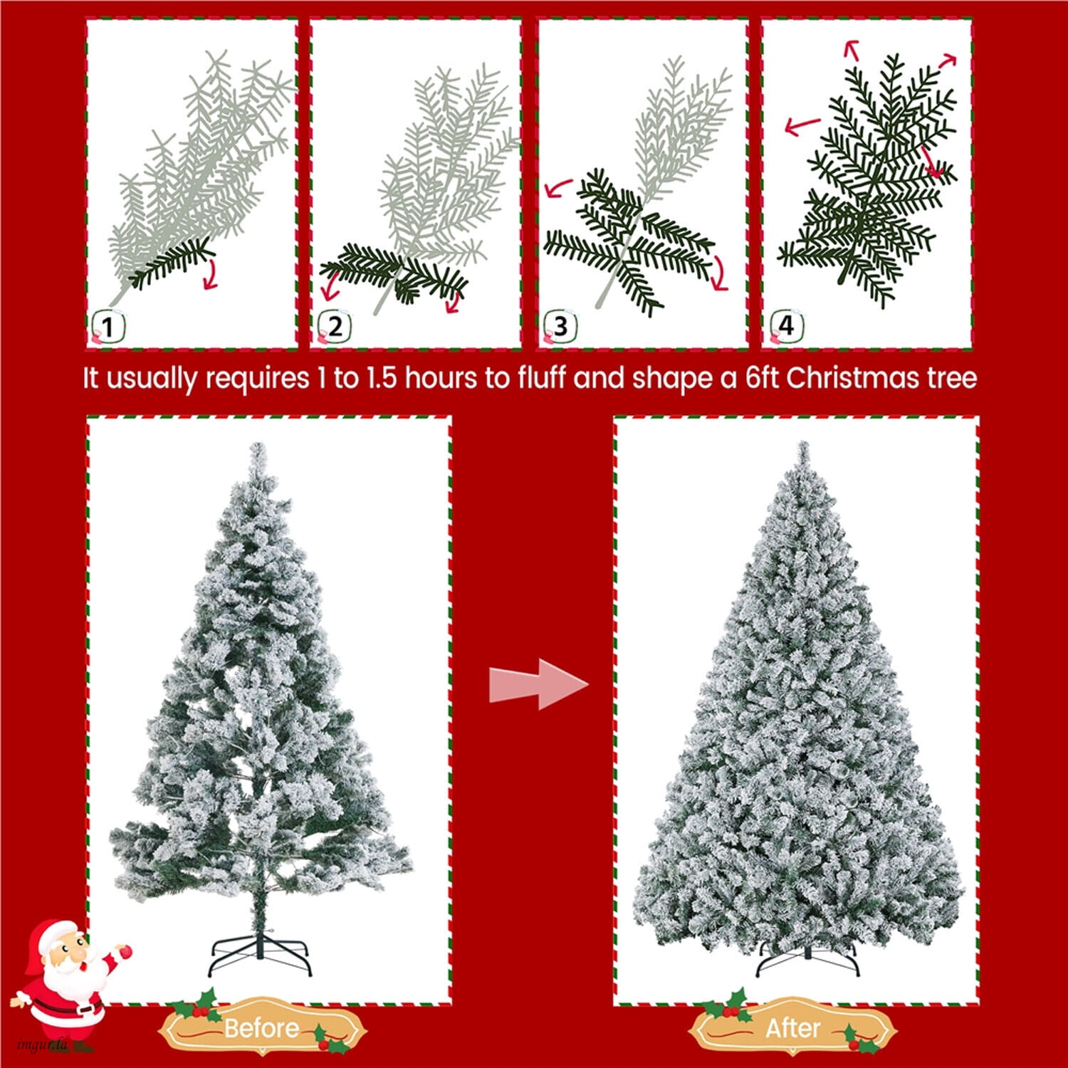 Alden Design 6FT Artificial Hinged Fir Pre-lit Flocked Christmas Tree with Foldable Stand and LED Lights,Green & White