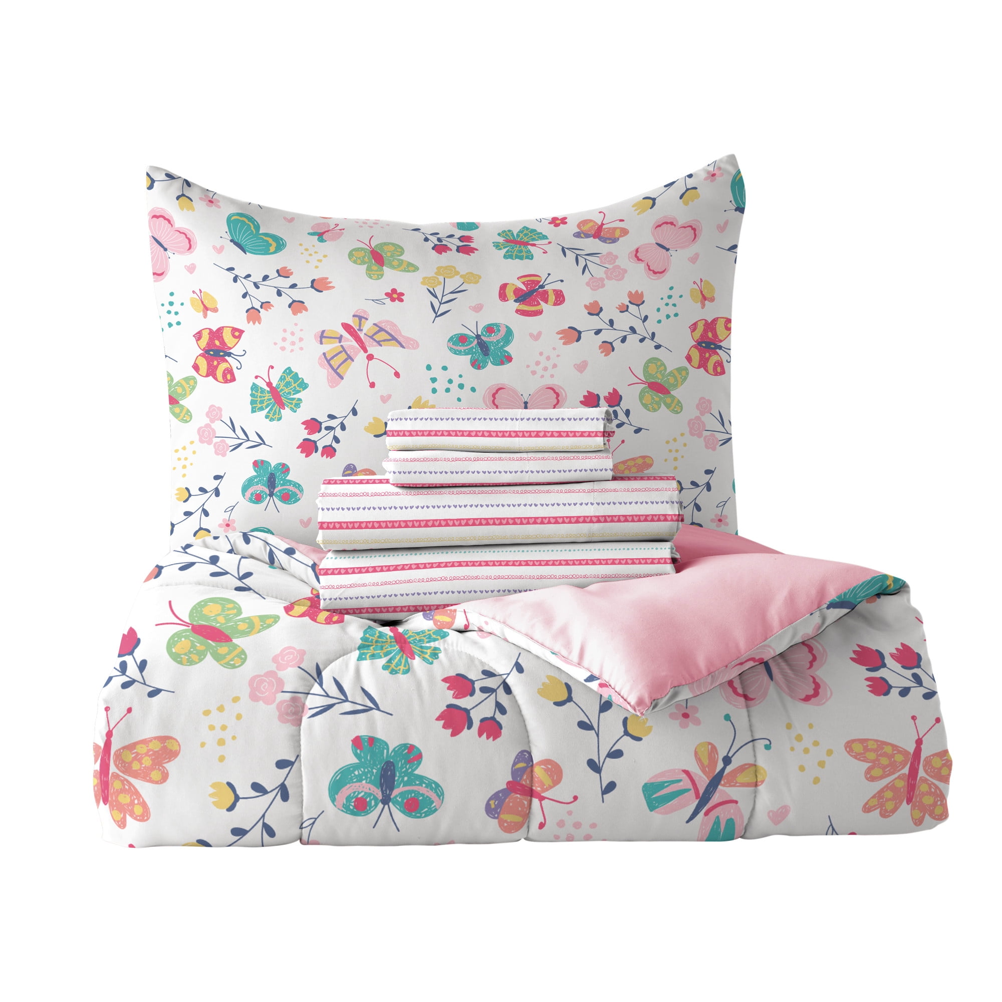Dream Factory Butterfly Garden Twin Bed in a Bag Pink, Microfiber, 100% Polyester Fill, Female, Child