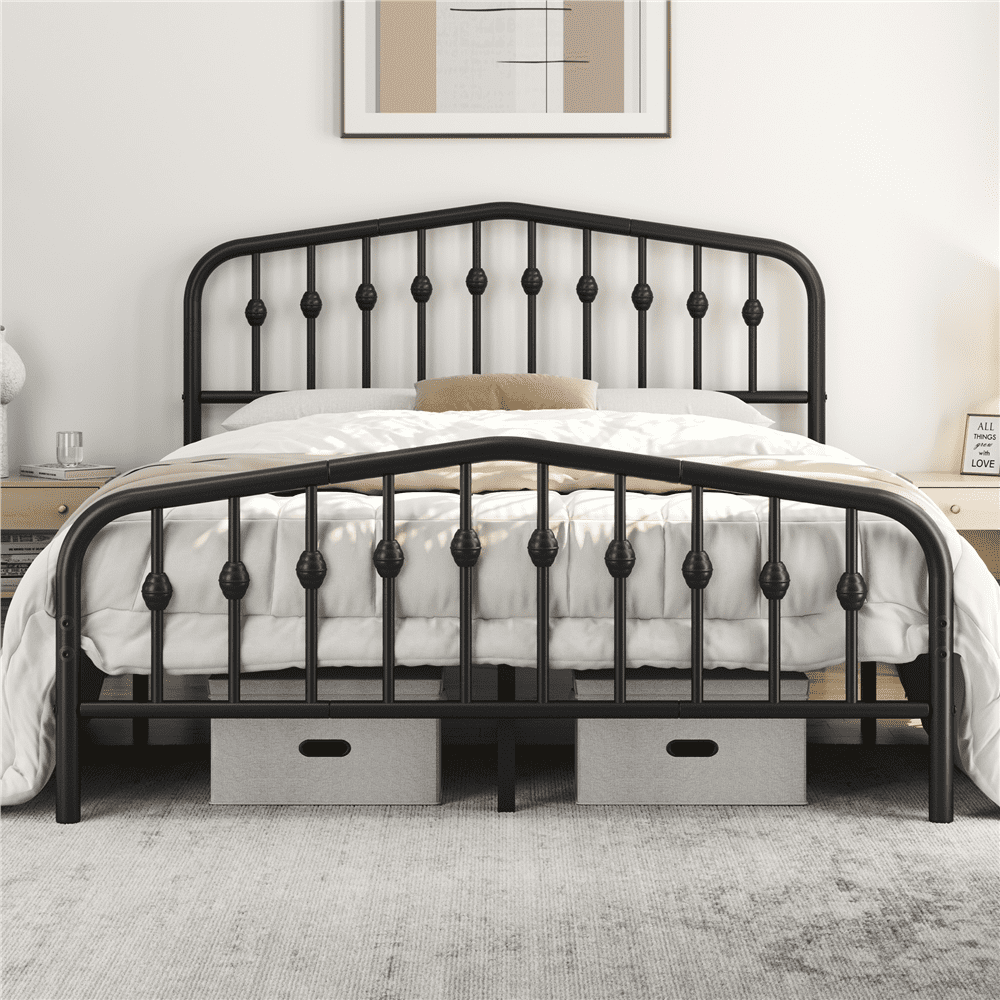 Fullfurnique Cadre de Lit en Métal Moderne avec Tête et Pied de Lit Cintrés, Simple, Noir