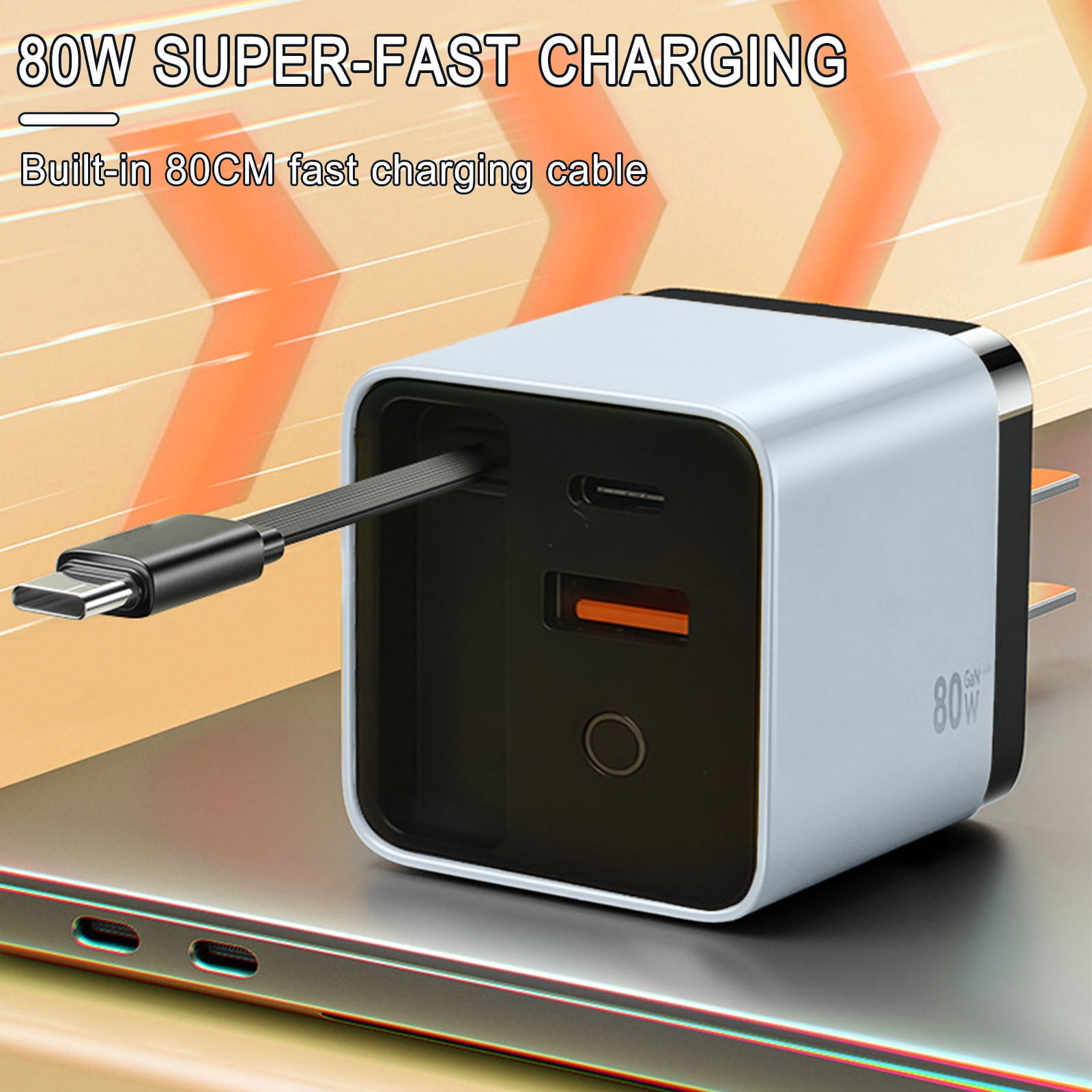 3PCS 3 in 1 GaN Charger, Scalable 80w Max Fast Charger Module with Type-C Cable and 2 USB Ports, Three Port Fastcharging, Not Damagingthe Battery for Phone and Laptops