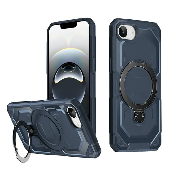 Designed For iPhone 16e Phone Case,With 360° Spin Magnetic Stand Ring Kickstand,Fit for Mag-Safe,Military Grade Shockproof Heavy Duty Dropproof Tough Rugged Phone Case,Darkblue