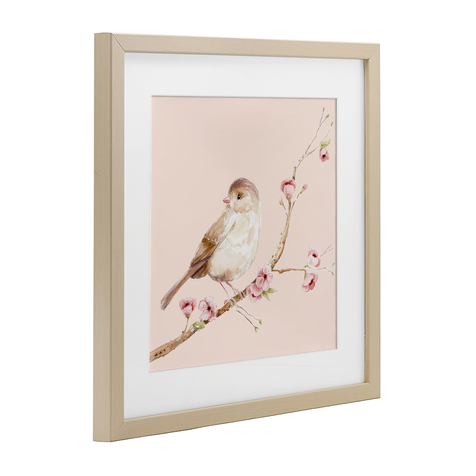 Sweet Brown Bird Perched Birch Framed Print Under Glass, design by Lisa Wehmeyer