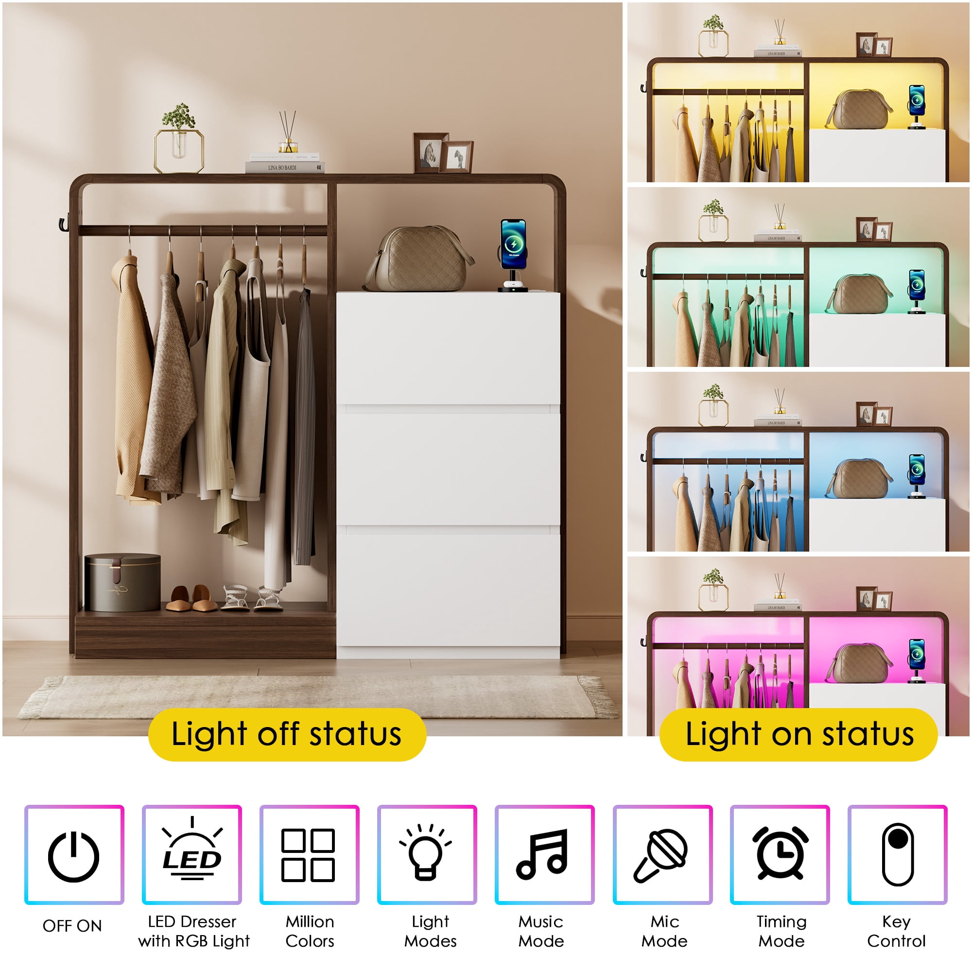 Aufeile Dresser for Bedroom, 3 Drawer Dresser with Hanging Rod, LED Lights & Charging Station, Modern Wood Storage Dresser Chest for Bedroom, Closet, Entryway, White