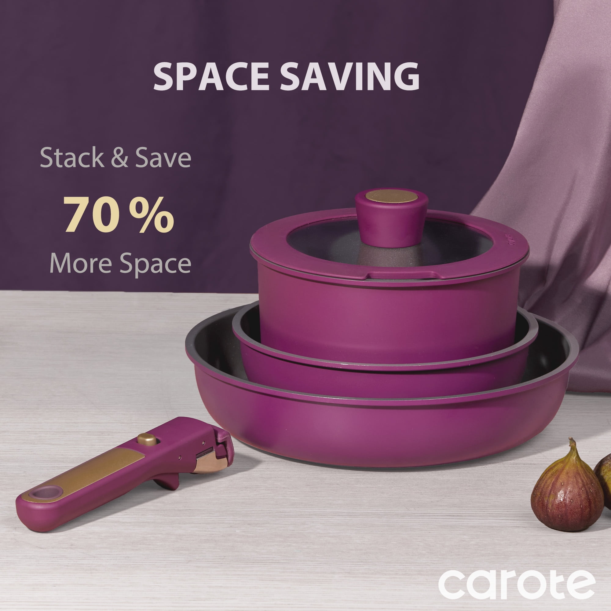 Carote Nonstick Detachable Pots and Pans Set, 6 Pieces Non Toxic Cookware Set with Induction, Oven/Dishwasher Safe, Easy for Storage, Magenta Purple