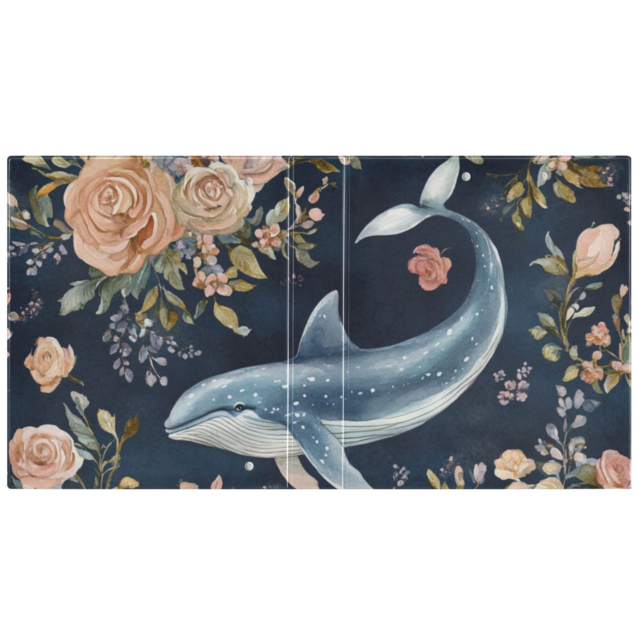Whales Floral Roses 3 Ring Binders 1.5 inch Hardcover File Folders with Interior Pockets A4 Size Organizer for School Office Hospital