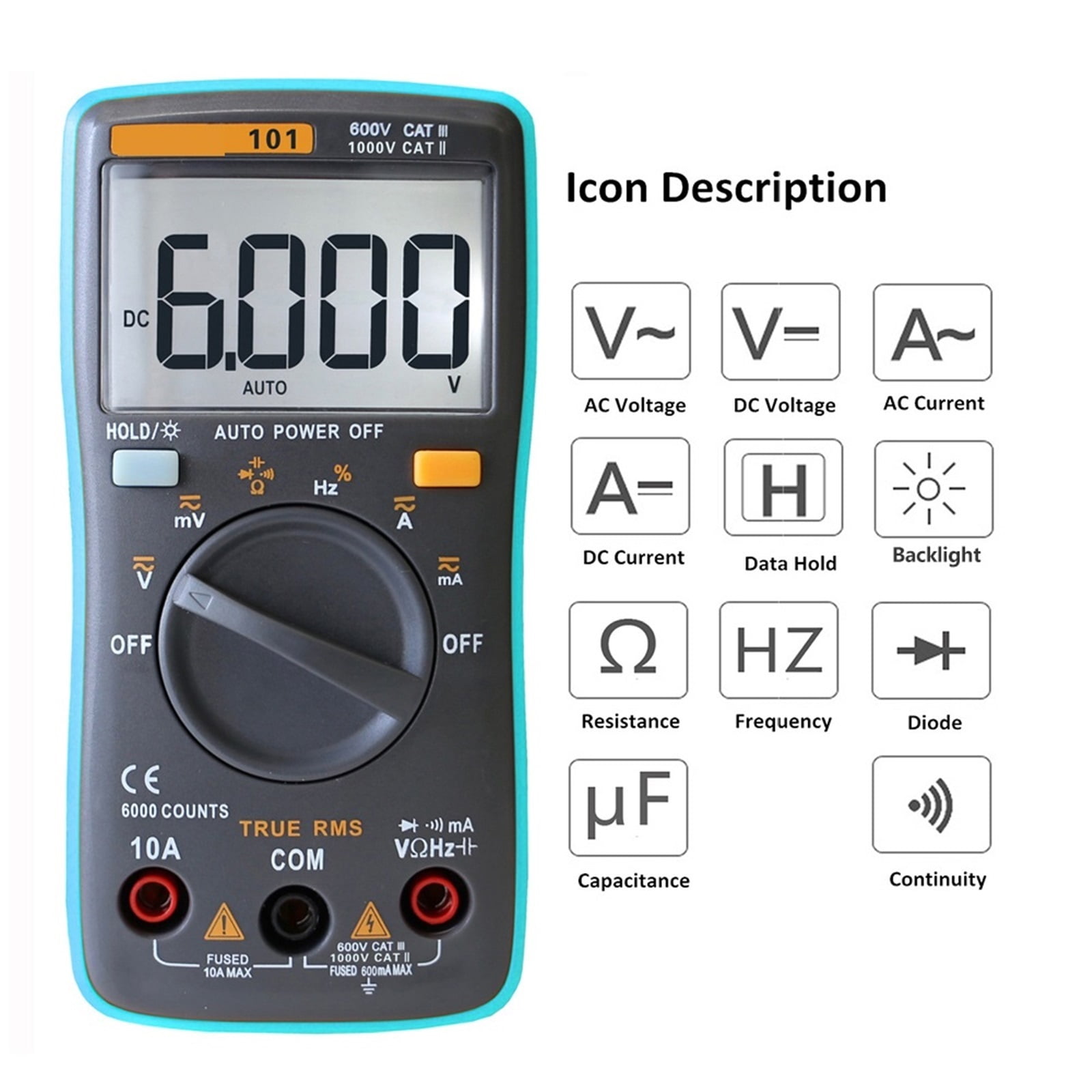 Digital Multimeter 6000 Counts DC/AC Ammeter Voltmeter Ohm Resistance Diode CapacitanceTemperature Meter ,Battery Test