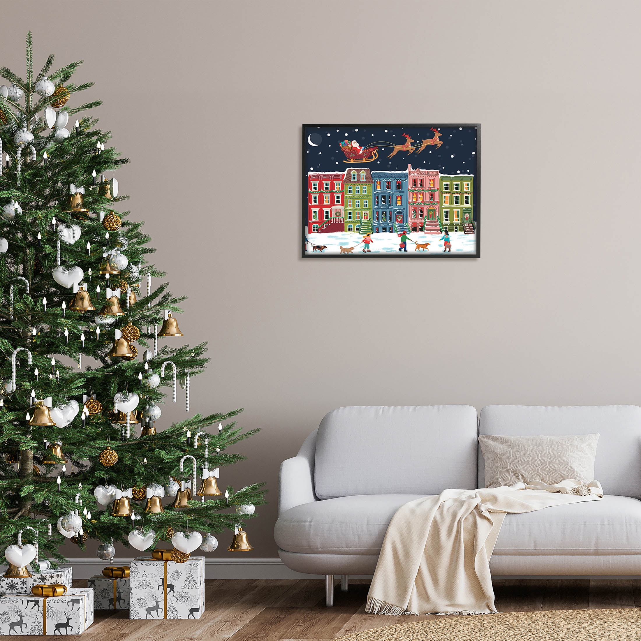 Snowy Christmas Town Santa Overhead Holiday Graphic Art Black Framed Art Print Wall Art