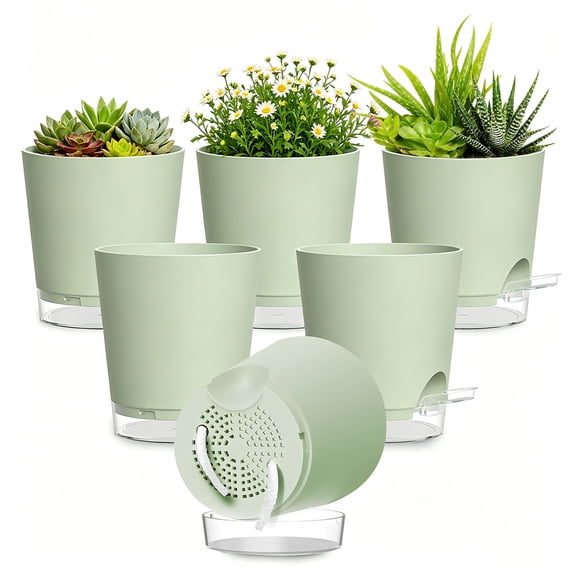 West Bay 4 Inch Self Watering Pots for Indoor Plants, 6 Pack Small Flower Plant Pots with Drainage Holes and Clear Reservoirs, Visible Water Level, Plastic Planters with Wicking Rope, Green