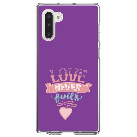 DistinctInk Clear Shockproof Hybrid Case for Samsung Galaxy Note 10 (6.3" Screen) - TPU Bumper, Acrylic Back, Tempered Glass Screen Protector - 1 Corinthians 13 - Love Never Fails - Heart