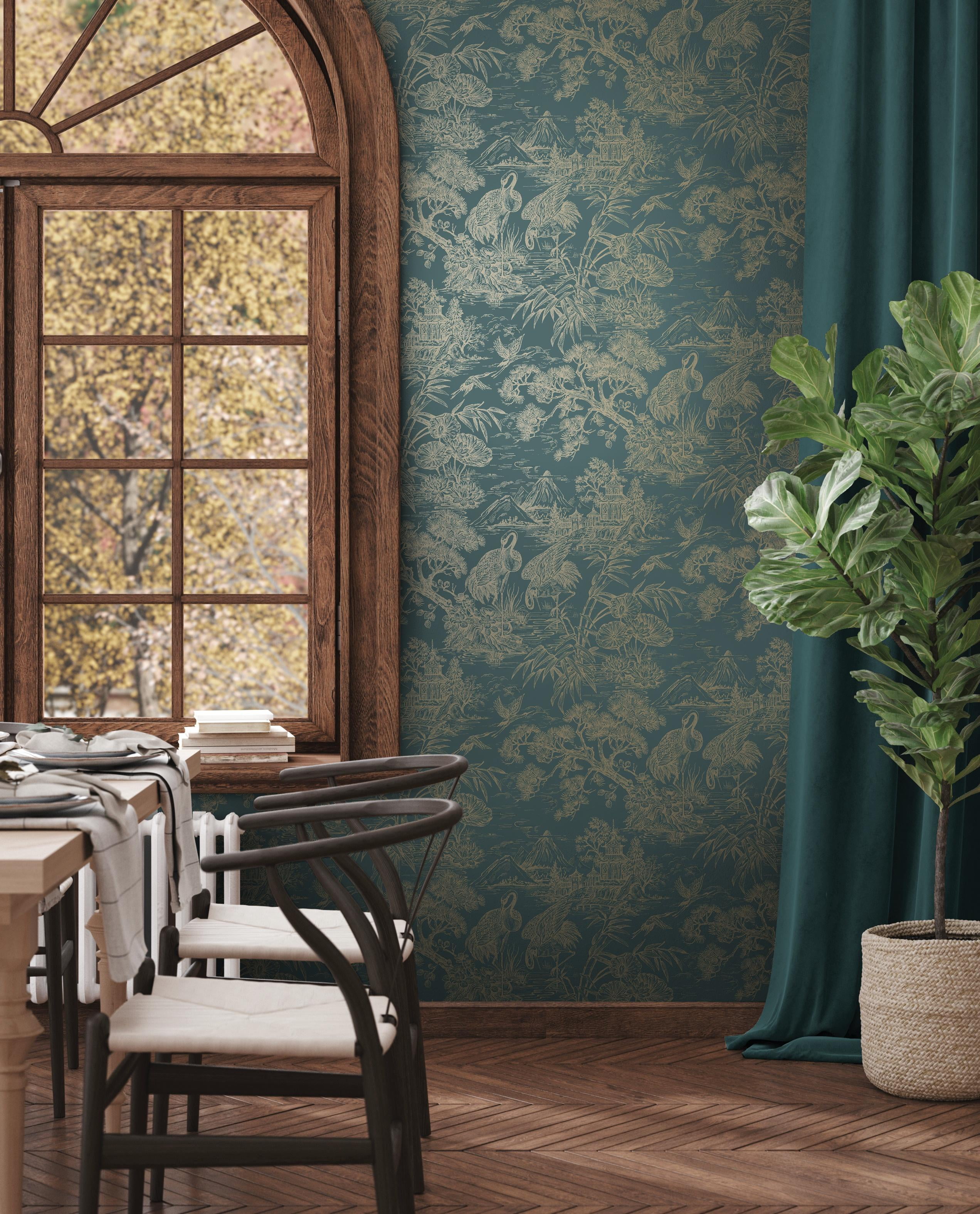 Aqua Gold Majestic Crane Tropical Wallpaper