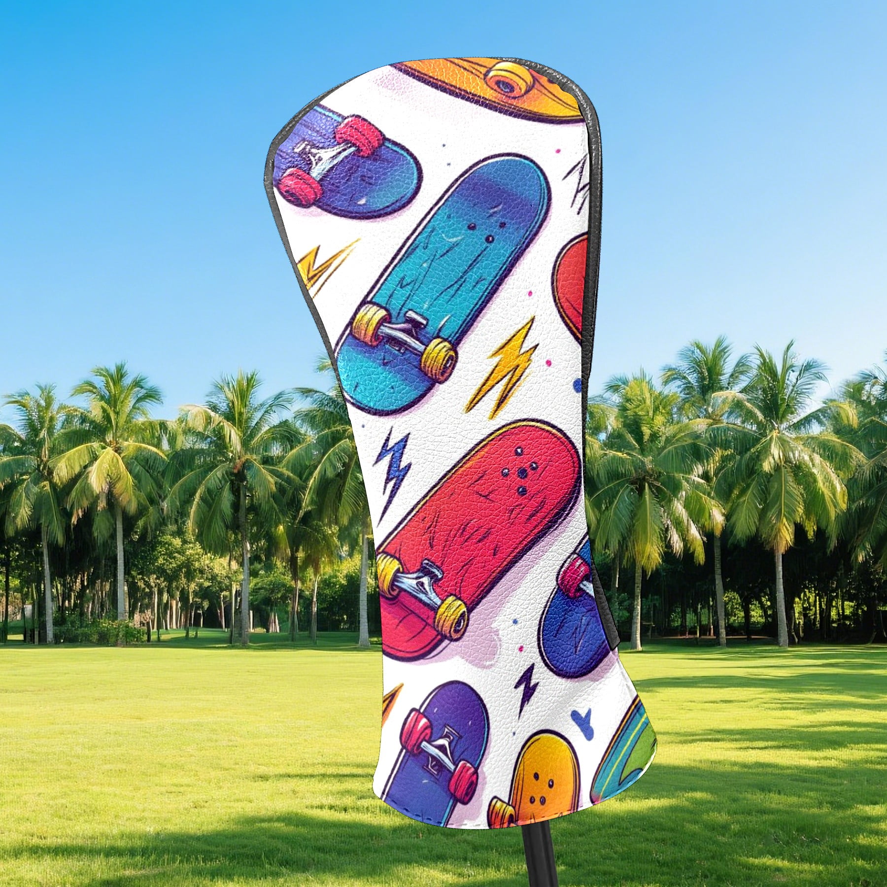 Golf Club Covers PU Leather Waterproof Head Covers for Fairway Woods Hybrids Skateboard Pattern Unisex Fits Most Brands