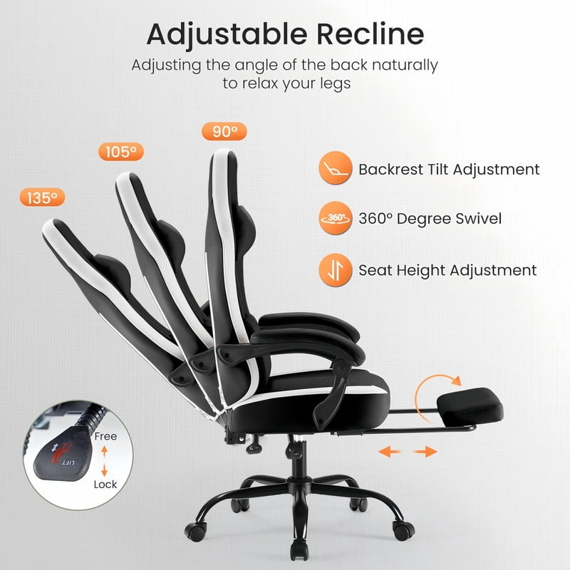 Kelno Ergonomic Gaming Chair with Footrest Lumbar Support Adjustable High Back Swivel Office Chair, Black