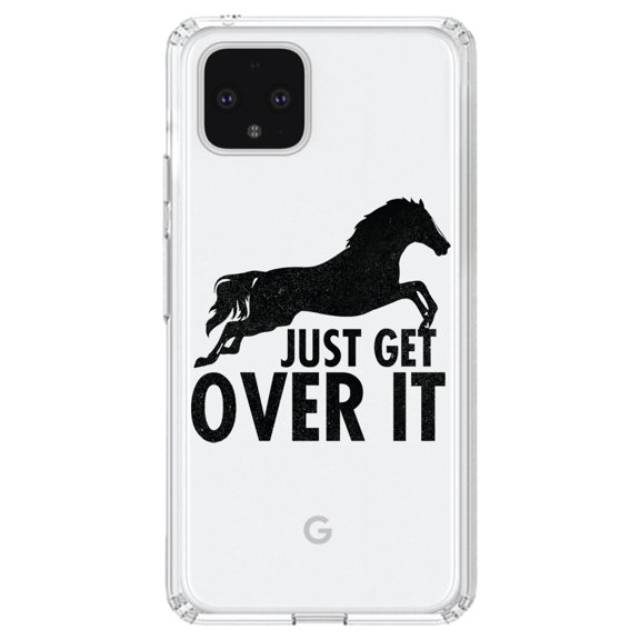 DistinctInk Clear Shockproof Hybrid Case for Google Pixel 4 (6.1" Screen) - TPU Bumper Acrylic Back Tempered Glass Screen Protector - Just Get Over It - Horse Jump