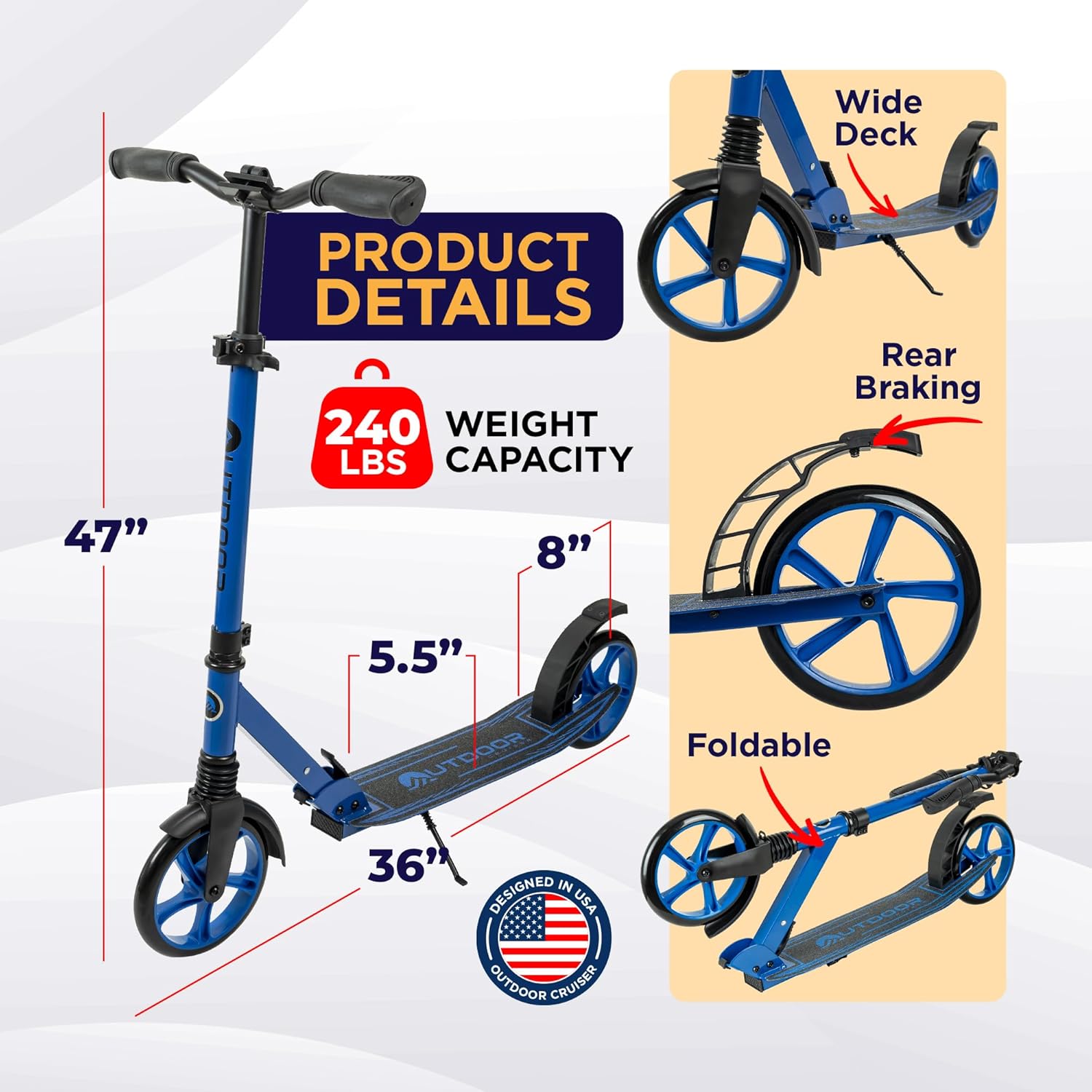 OutdoorCruiser Kick Scooter for Ages 6+, Kids, Teens & Adults, Foldable, Dual Suspension, 3-Level Adjustable Handlebar, Child Safety Approved, Blue
