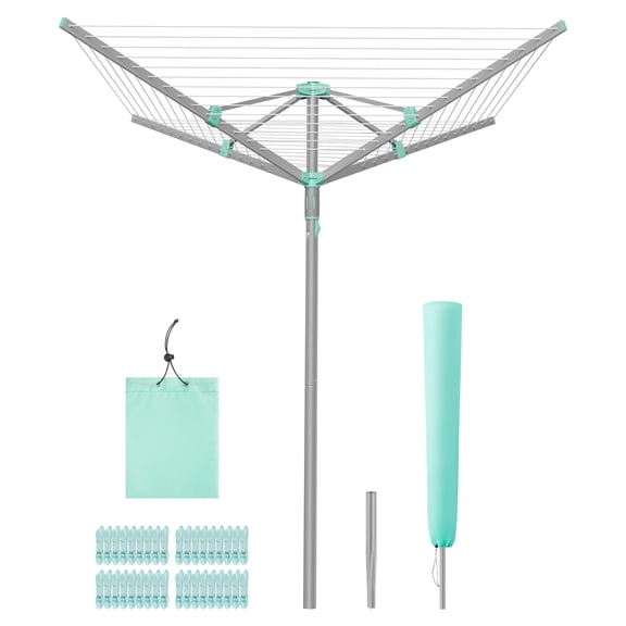 SONGMICS Umbrella Clothesline, Rotary Washing Line, Foldable, with Clips, Cover, Ground Anchor, 164 ft (50 m) Long for 5 Loads of Laundry, Silver