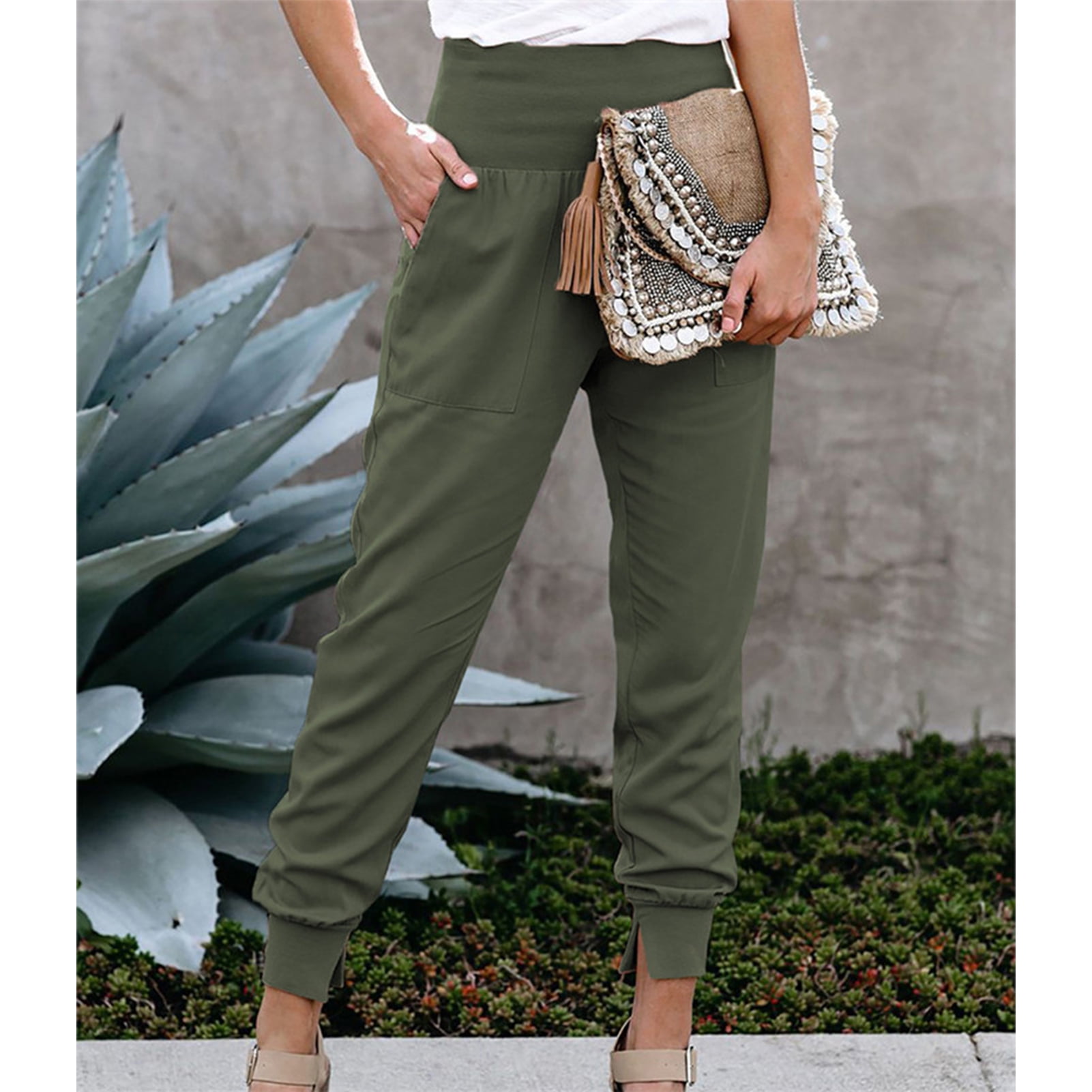 High Waist Casual Pants Elastic Waist Pants Fashionable Pocket For Gym Fitness Green M Walmart