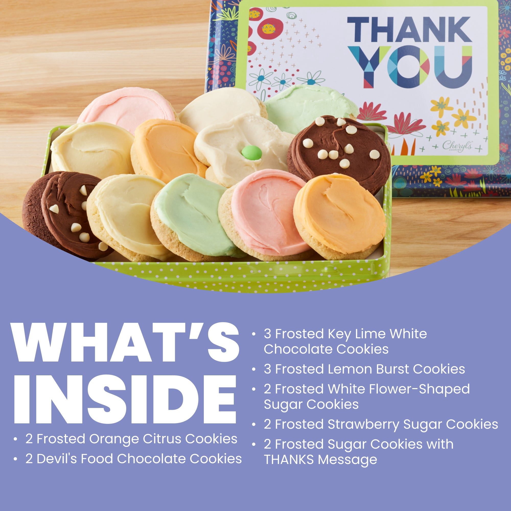 Cheryl's Cookies® Thank You Cookie Gift Tin, Appreciation Cookie Gift Box, with 16 Buttercream-Frosted Sugar Cookies and Devil's Food Cake Cookies, Individually Wrapped, Gift for Family, Friends,