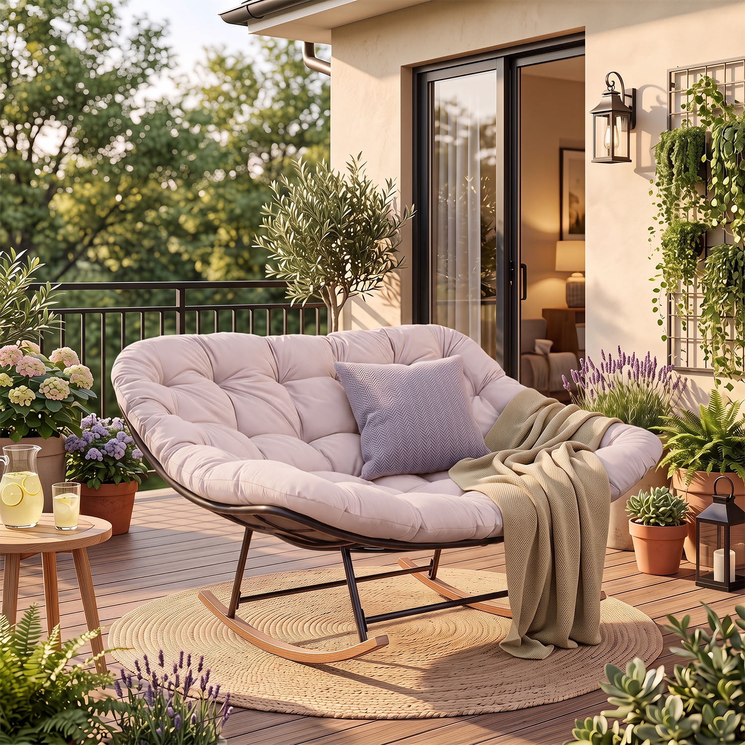 BaPiPro Oversized Double Papasan Rocking Chair with Thick Cushion, 2 Person Outdoor Rocking Loveseat, Heavy Duty Double Egg Chair with Wood Grain Base for Patio Porch, 440lbs Capacity, Light Gray