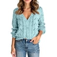 thumbnail image 2 of Women's Solid Color Long Sleeve Cutout V-Neck Knitted Cardigan Sweater for Fall and Winter, Cozy and Fashionable, Perfect for Layering,Light Blue,Size L, 2 of 6