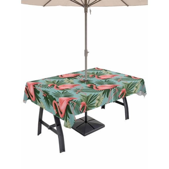 Outdoor Tablecloths with Umbrella Hole & Zipper, Pink Flamingos Rectangle Tablecloth 60x120 Inch, Summer Botanical Watercolor Waterproof Table Cloth, Patio/Pool/Picnic Table Covers
