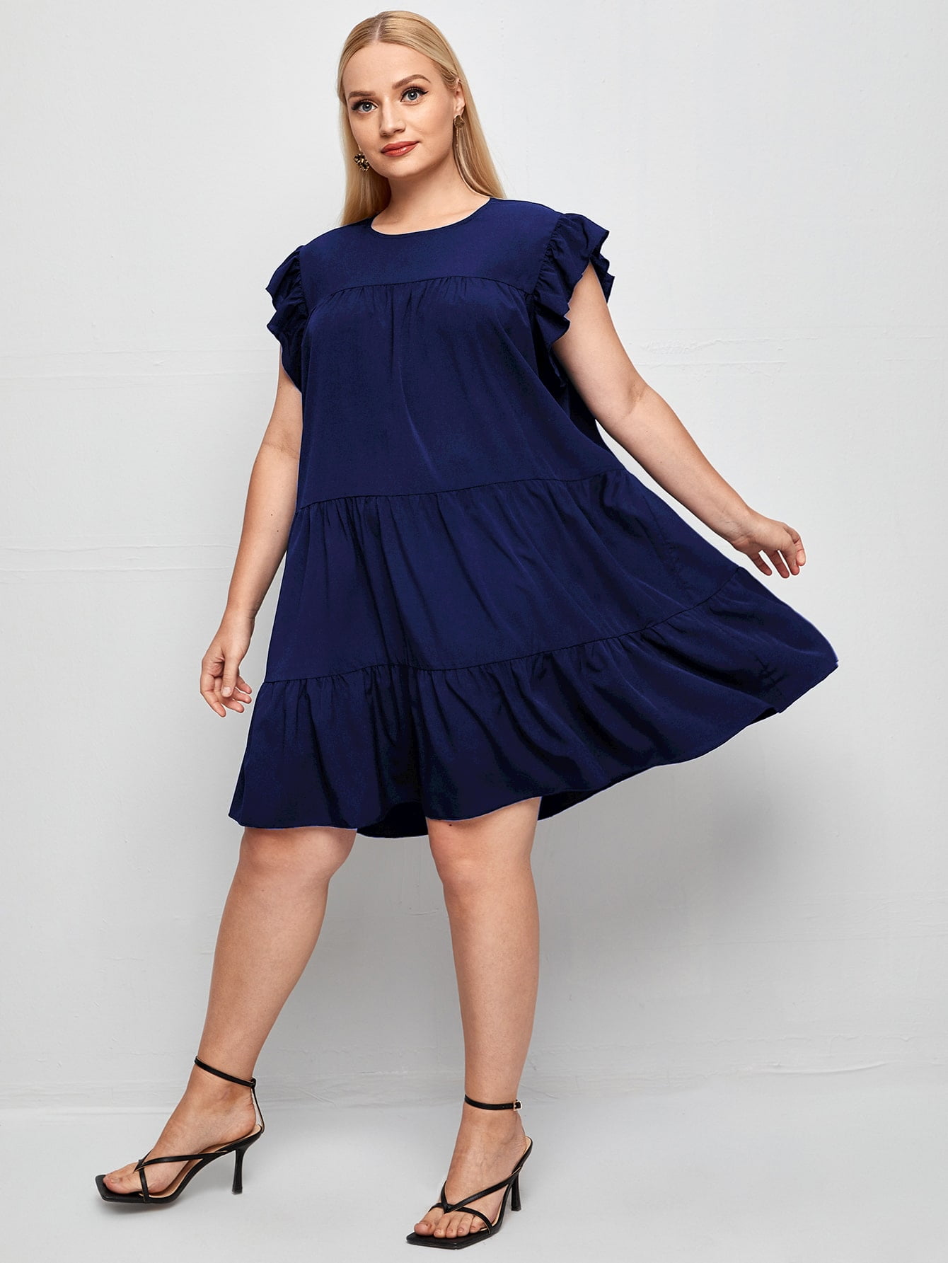 Navy Blue Women's Plus Solid Ruffle 