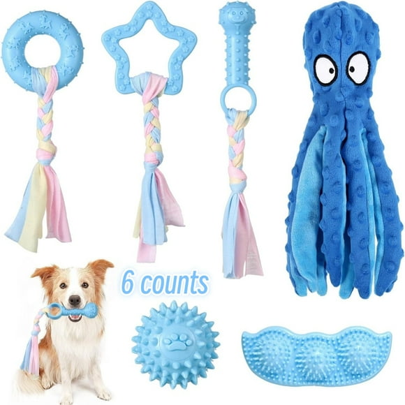 6-piece set of puppy toys for teething, blue rubber puppy toy bag, puppy toy set, donut puppy toy, puppy teething toy, puppy che Blue