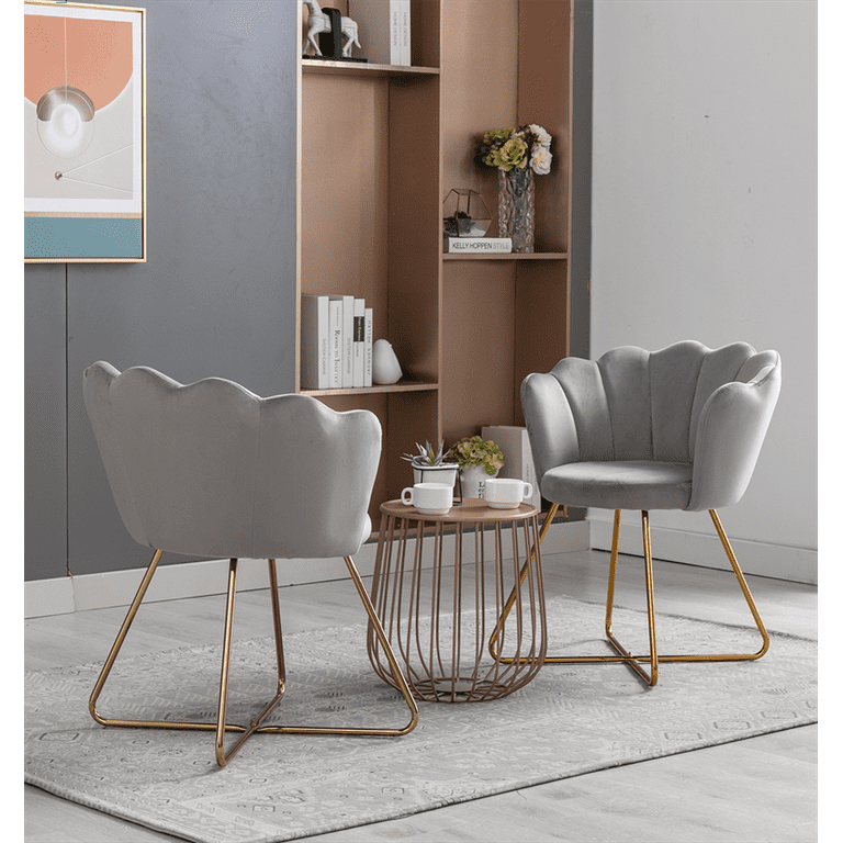 Velvet Accent Chairs Set of 2 Modern Comfy Shell Chairs Vanity Chair with Golden Metal Frame Legs Upholstered Makeup Chair Single Sofa Chair Guest Chair for Living Room Bedroom and Office Gray